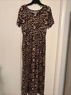 Leopard Print Short Sleeve Maxi Dress - Brown/Tan